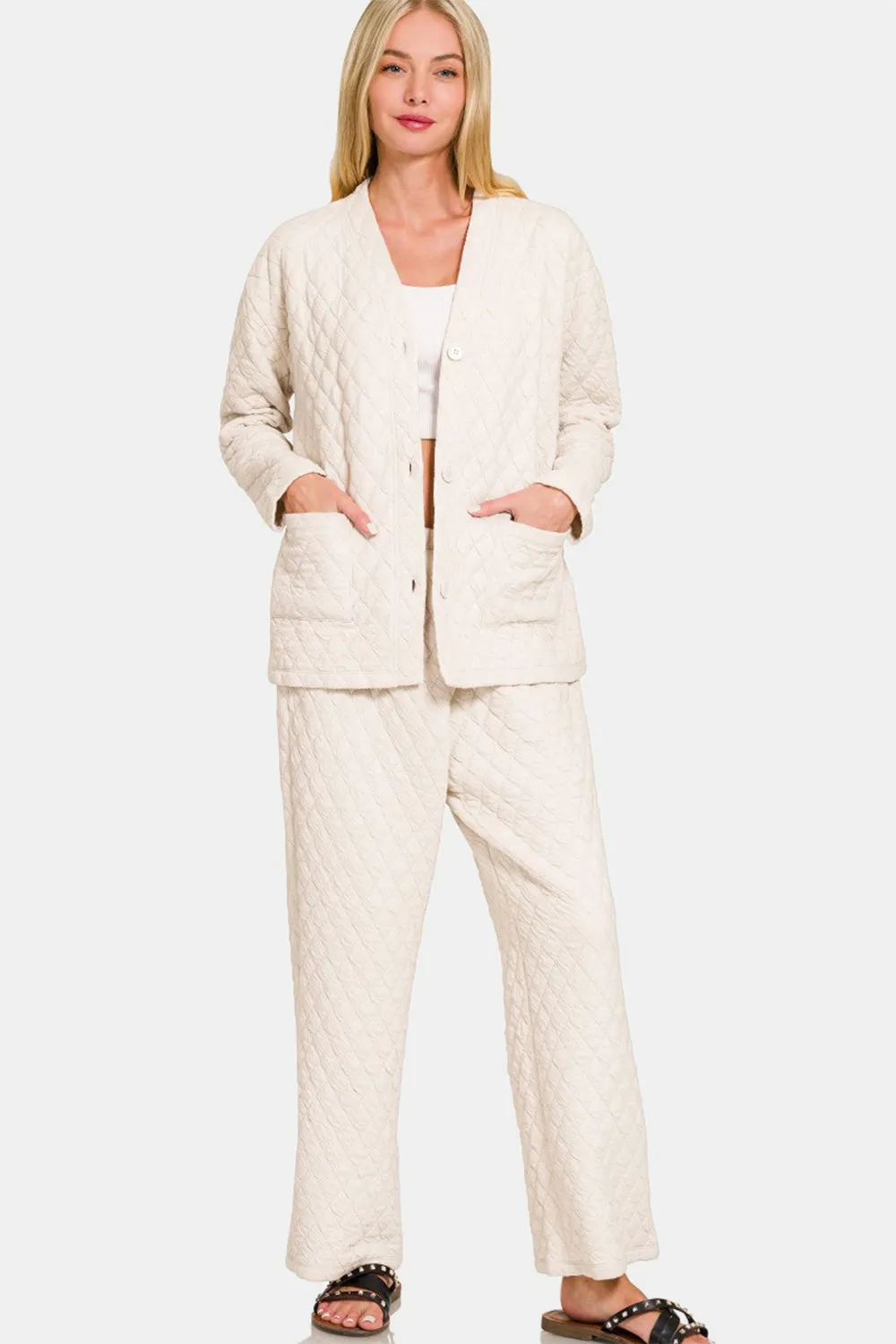 Beige Quilted Button Up Long Sleeve Top and Pants Lounge Set