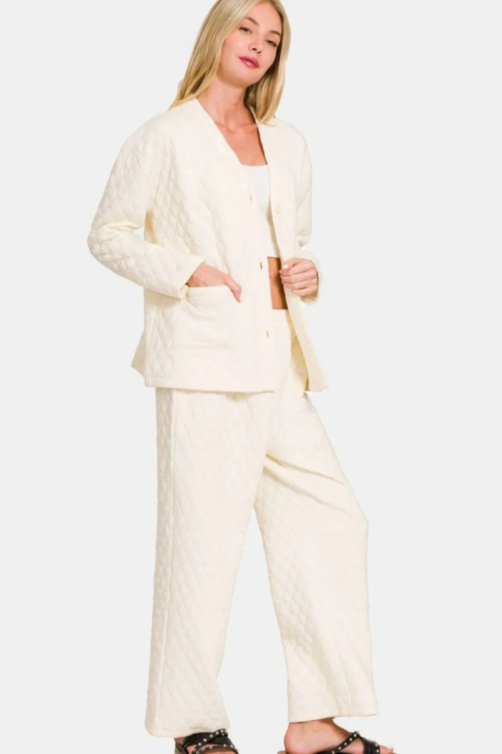Beige Quilted Button Up Long Sleeve Top and Pants Lounge Set