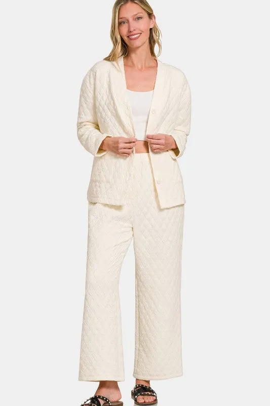 Beige Quilted Button Up Long Sleeve Top and Pants Lounge Set
