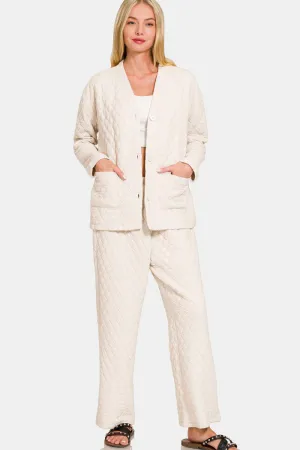 Beige Quilted Button Up Long Sleeve Top and Pants Lounge Set