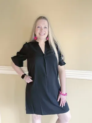 Black Ruffled Sleeve Shift Dress