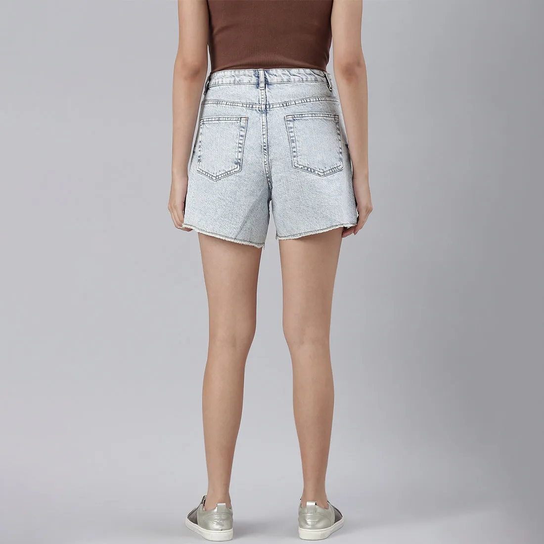 Blue Acid Wash Raw Hem Jeans Shorts