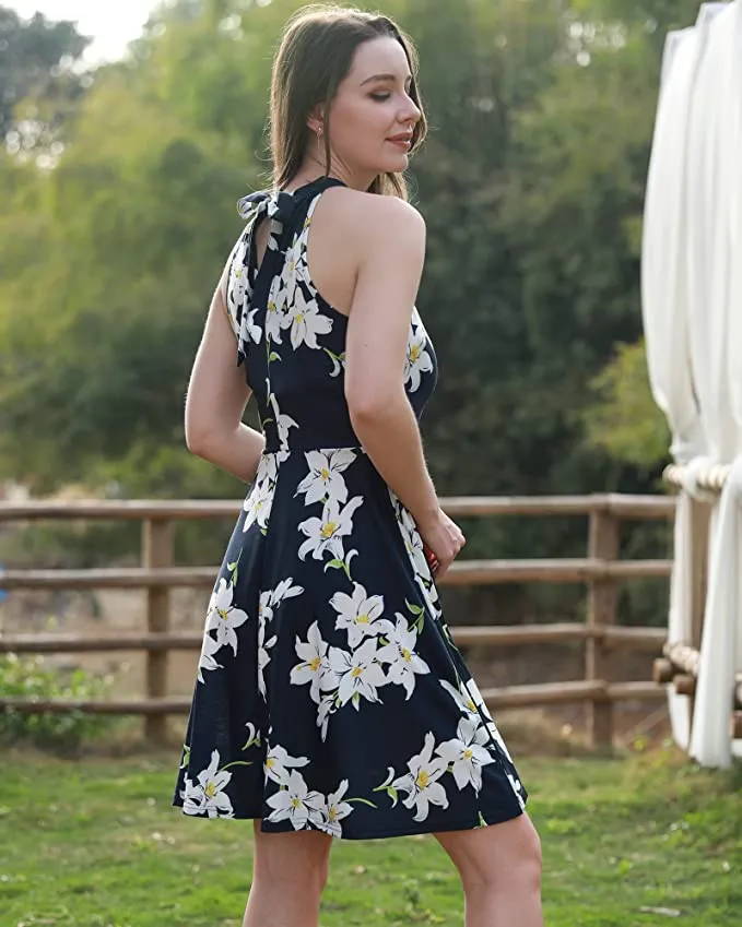 Blue Floral-7 Women's Halter Neck Floral Summer Casual Sundress - OUGES