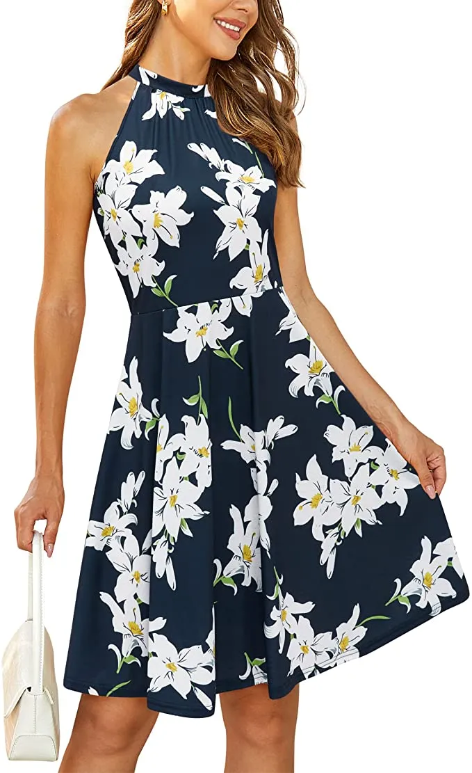 Blue Floral-7 Women's Halter Neck Floral Summer Casual Sundress - OUGES