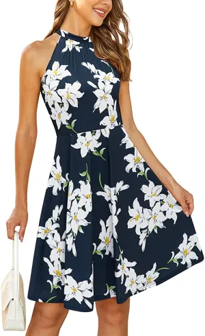 Blue Floral-7 Women's Halter Neck Floral Summer Casual Sundress - OUGES