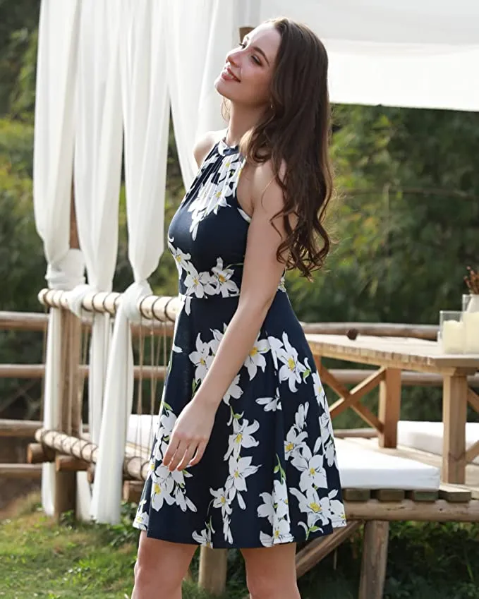 Blue Floral-7 Women's Halter Neck Floral Summer Casual Sundress - OUGES