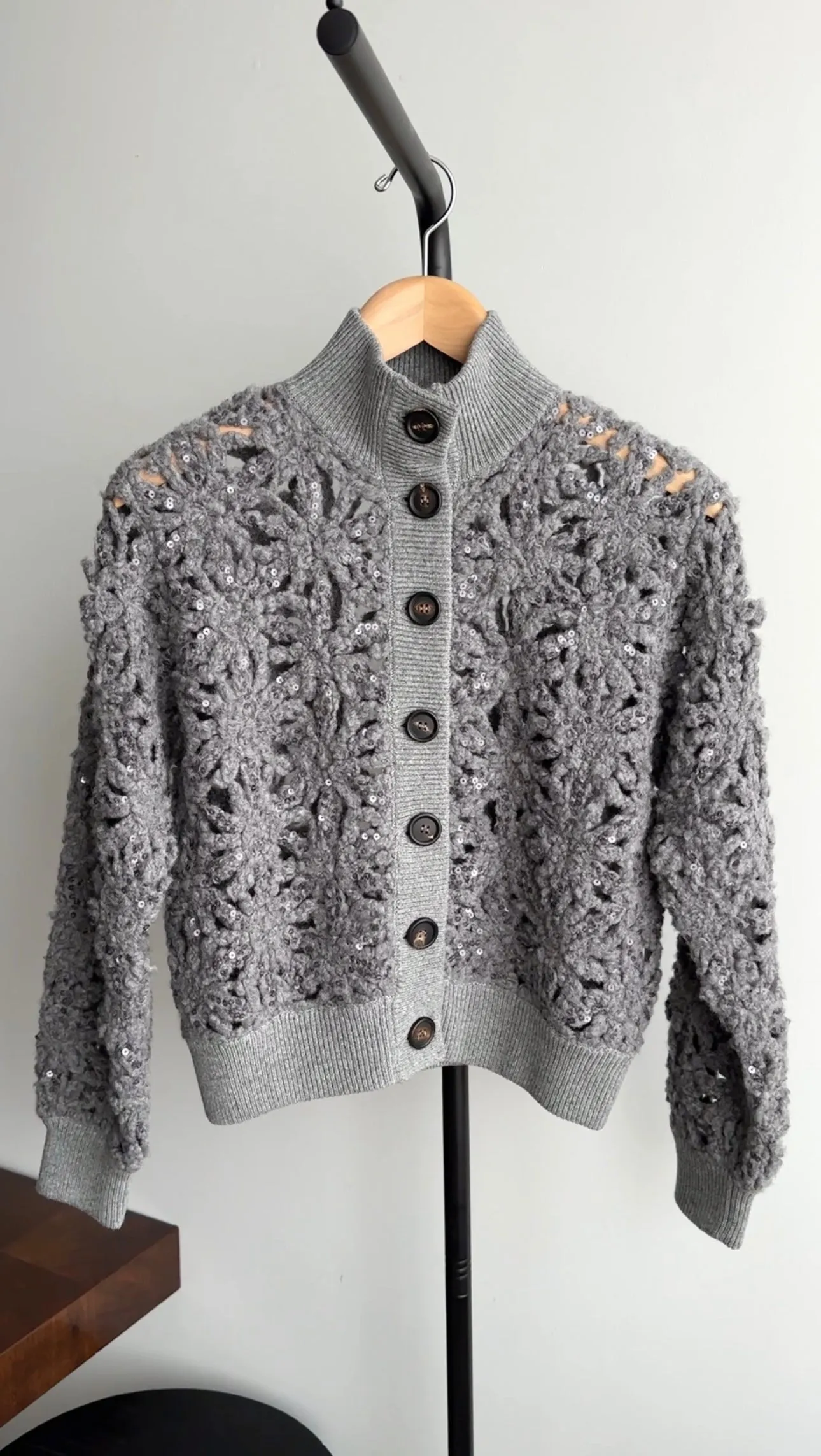 Brunello Cucinelli Grey Open Knit Sequin Short Cardigan Sweater - S (4/6)
