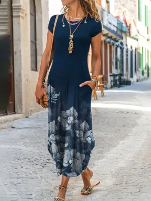 Casual Dress Shift Dress Long Dress Maxi Dress Dark Blue Short Sleeve Floral Pocket Spring Summer Crew Neck Casual  S M L XL XXL XXXL for Women