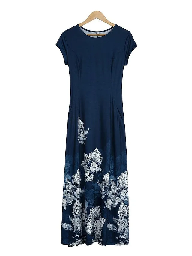 Casual Dress Shift Dress Long Dress Maxi Dress Dark Blue Short Sleeve Floral Pocket Spring Summer Crew Neck Casual  S M L XL XXL XXXL for Women