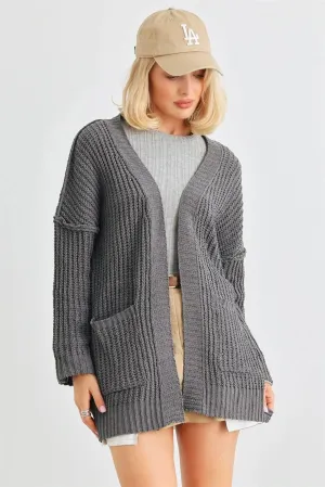 Charcoal Knit Two Pocket Open Front Cardigan