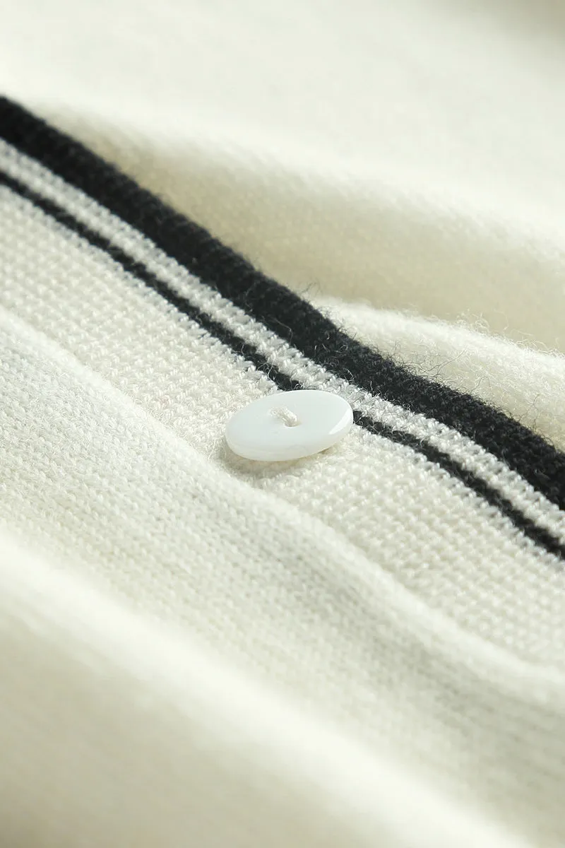 Classic Fine Knit V-Neck Button-Up Wool Cardigan with Contrast Trim