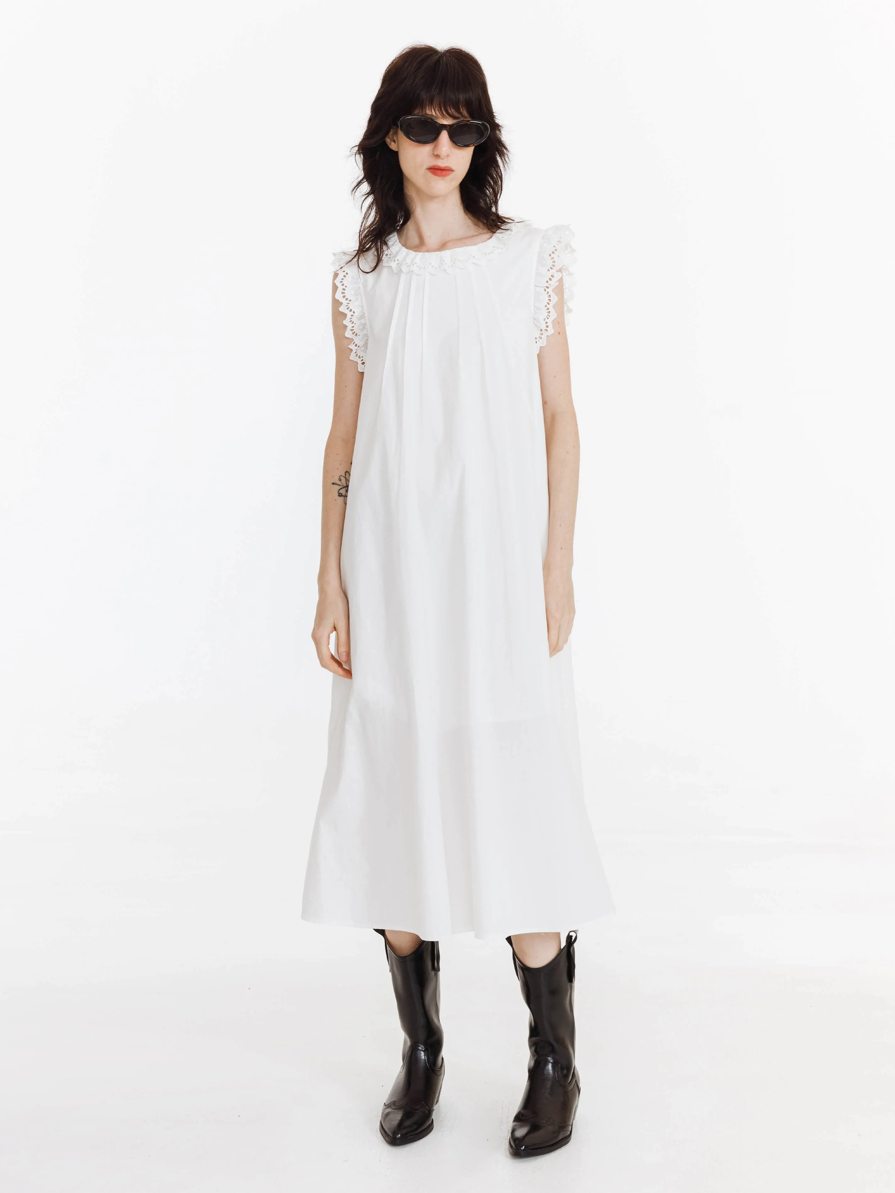 Cotton Lace Trimmed Sleeveless Long Dress
