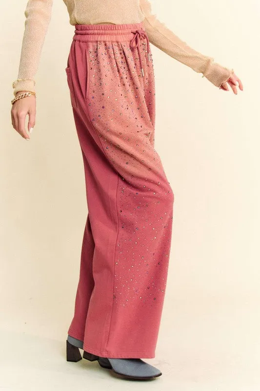 Davi & Dan Deep Rose Rhinestone Drawstring Wide Leg Pants