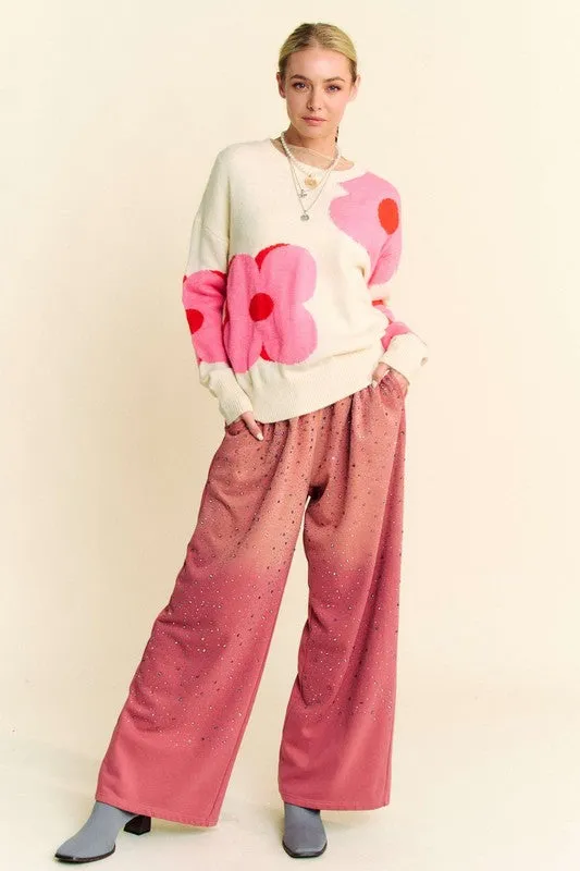 Davi & Dan Deep Rose Rhinestone Drawstring Wide Leg Pants