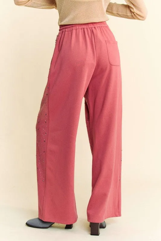 Davi & Dan Deep Rose Rhinestone Drawstring Wide Leg Pants