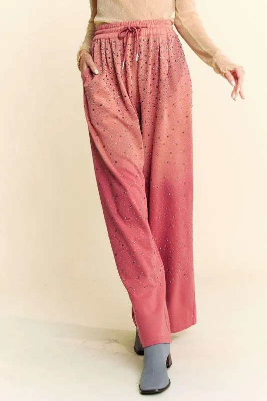 Davi & Dan Deep Rose Rhinestone Drawstring Wide Leg Pants