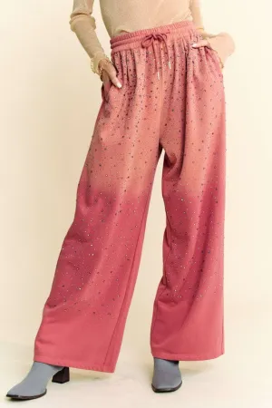 Davi & Dan Deep Rose Rhinestone Drawstring Wide Leg Pants