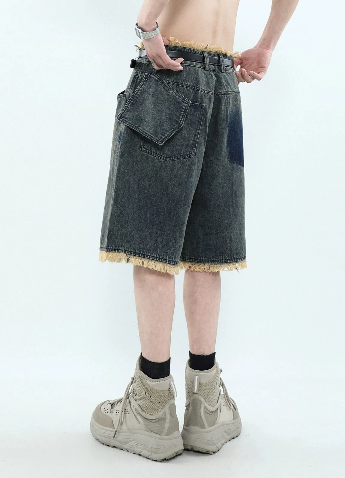 Distressed Hem Denim Bermuda Shorts