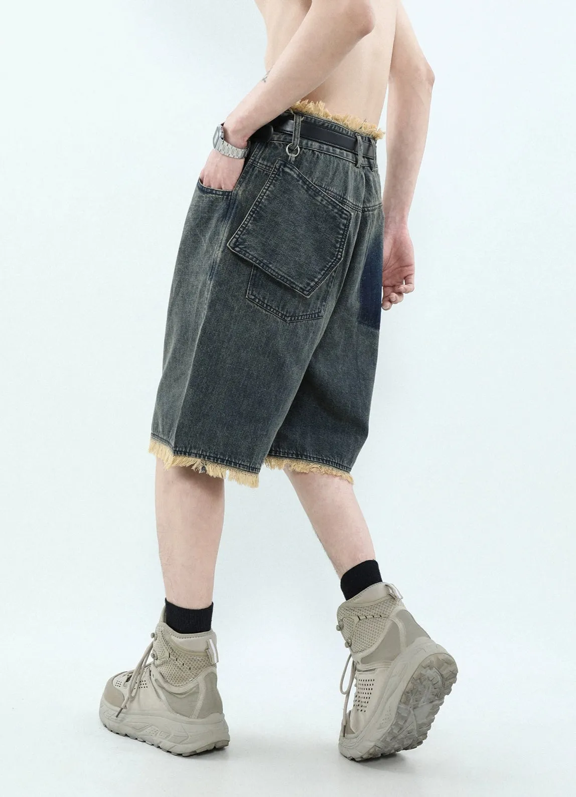 Distressed Hem Denim Bermuda Shorts