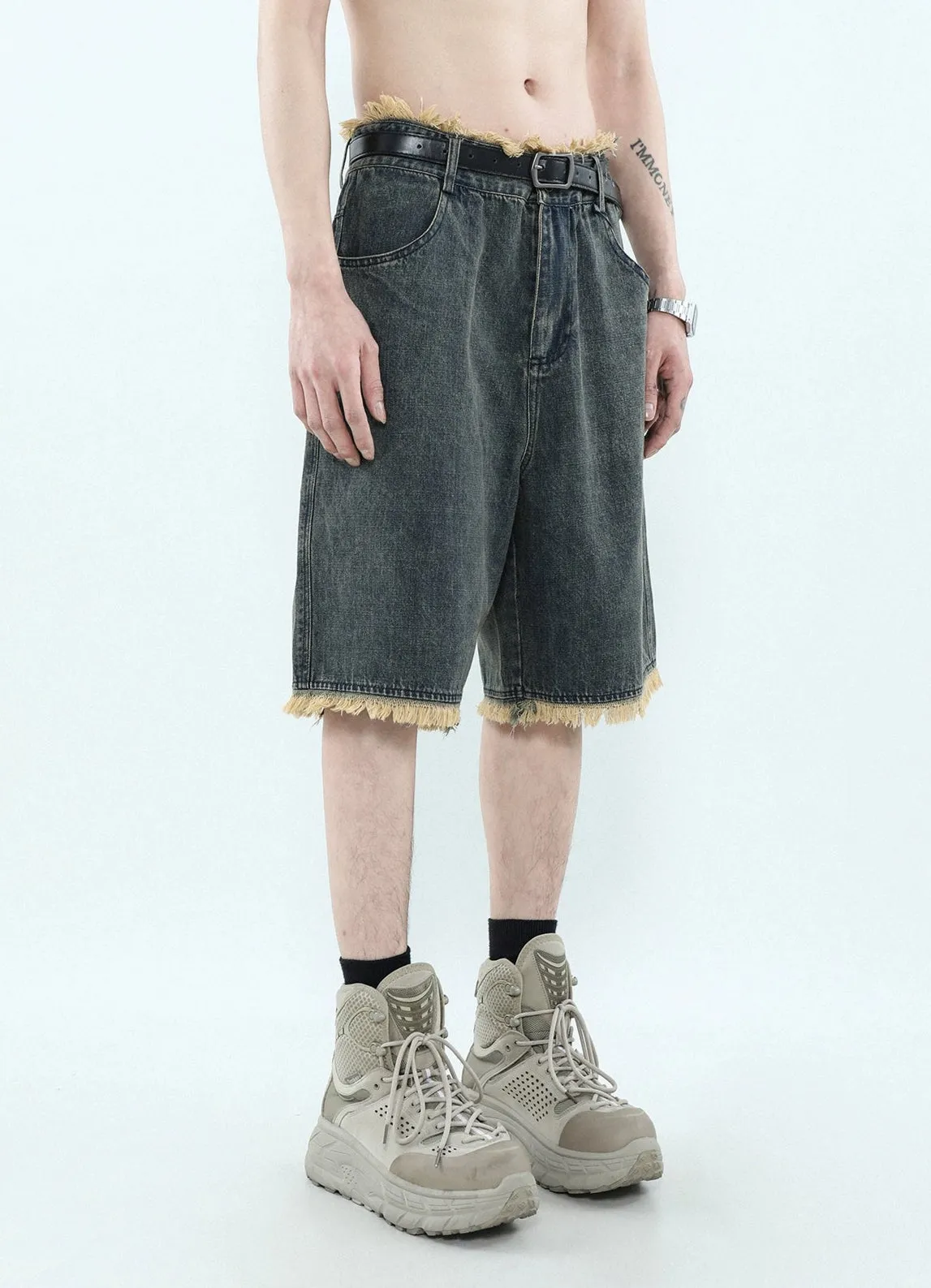 Distressed Hem Denim Bermuda Shorts