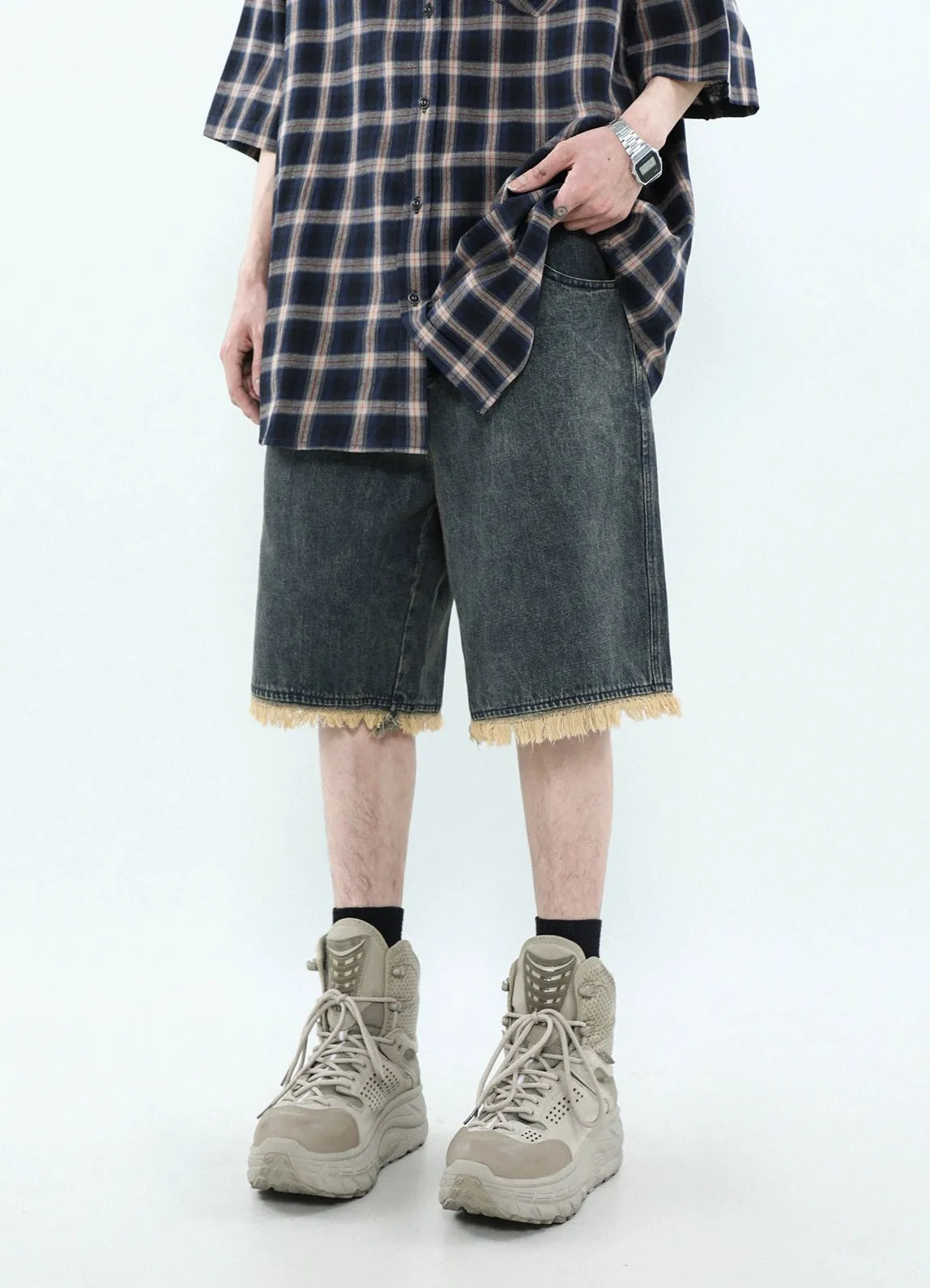 Distressed Hem Denim Bermuda Shorts