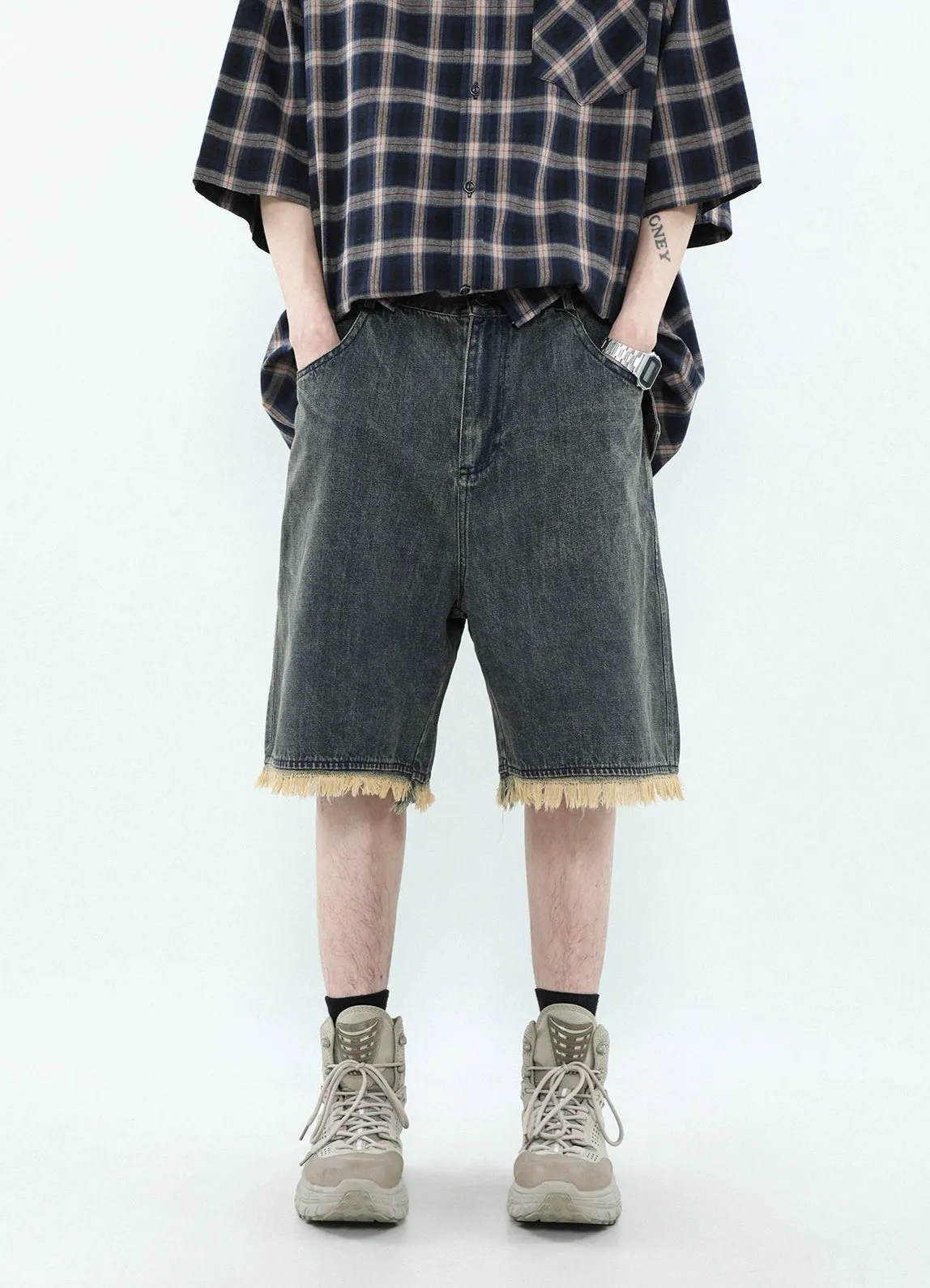 Distressed Hem Denim Bermuda Shorts
