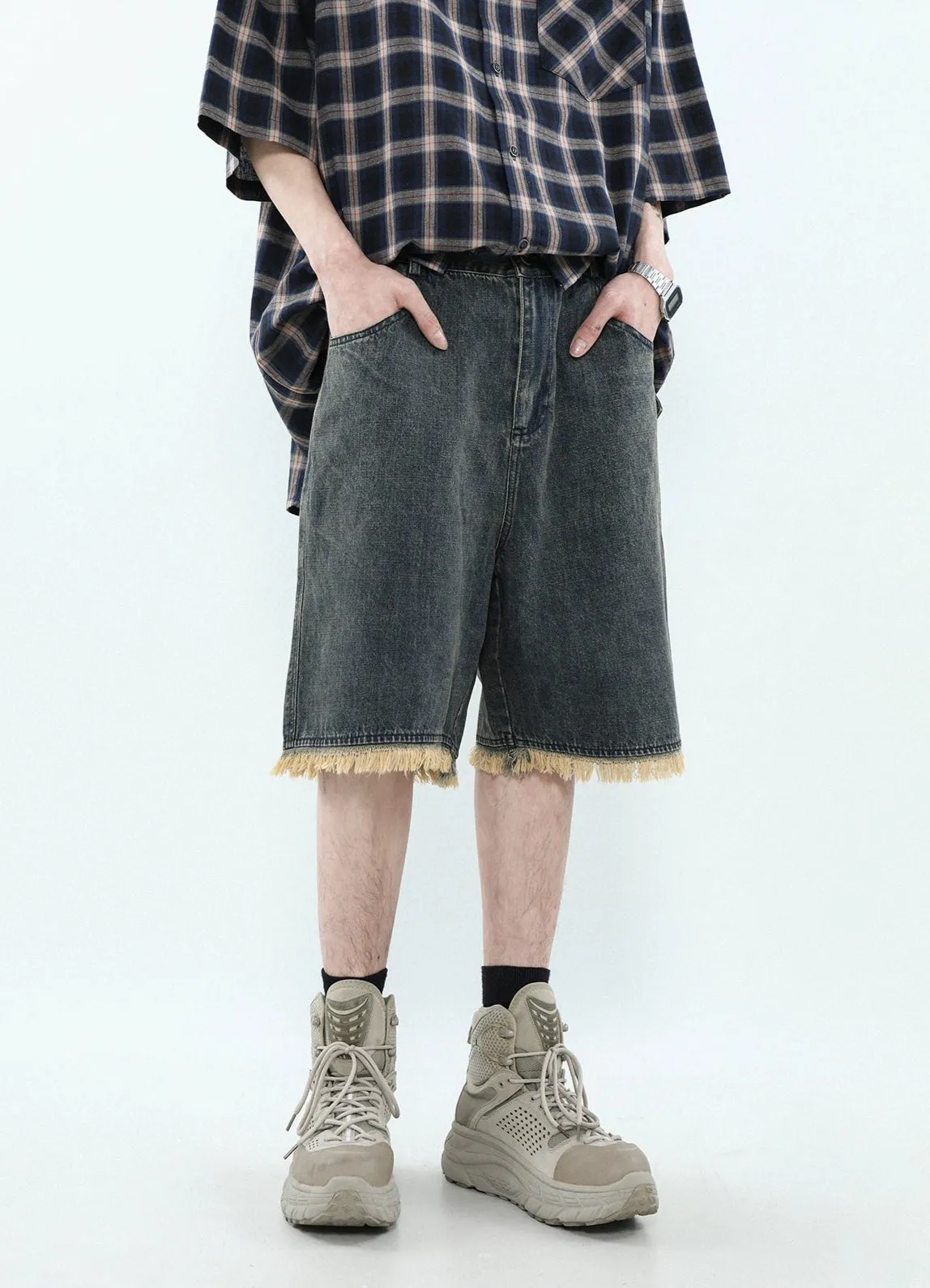 Distressed Hem Denim Bermuda Shorts