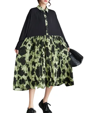 ellazhu Women's Long Sleeves Button Down Patchwork Floral Print Shirt Dress GZ154