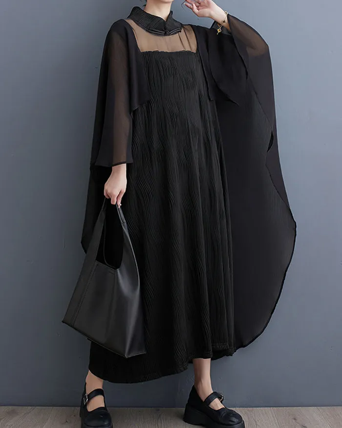 ellazhu Women's Oversized Solid Color Batwing Half Sleeve Flowy Hem Dress GZ142