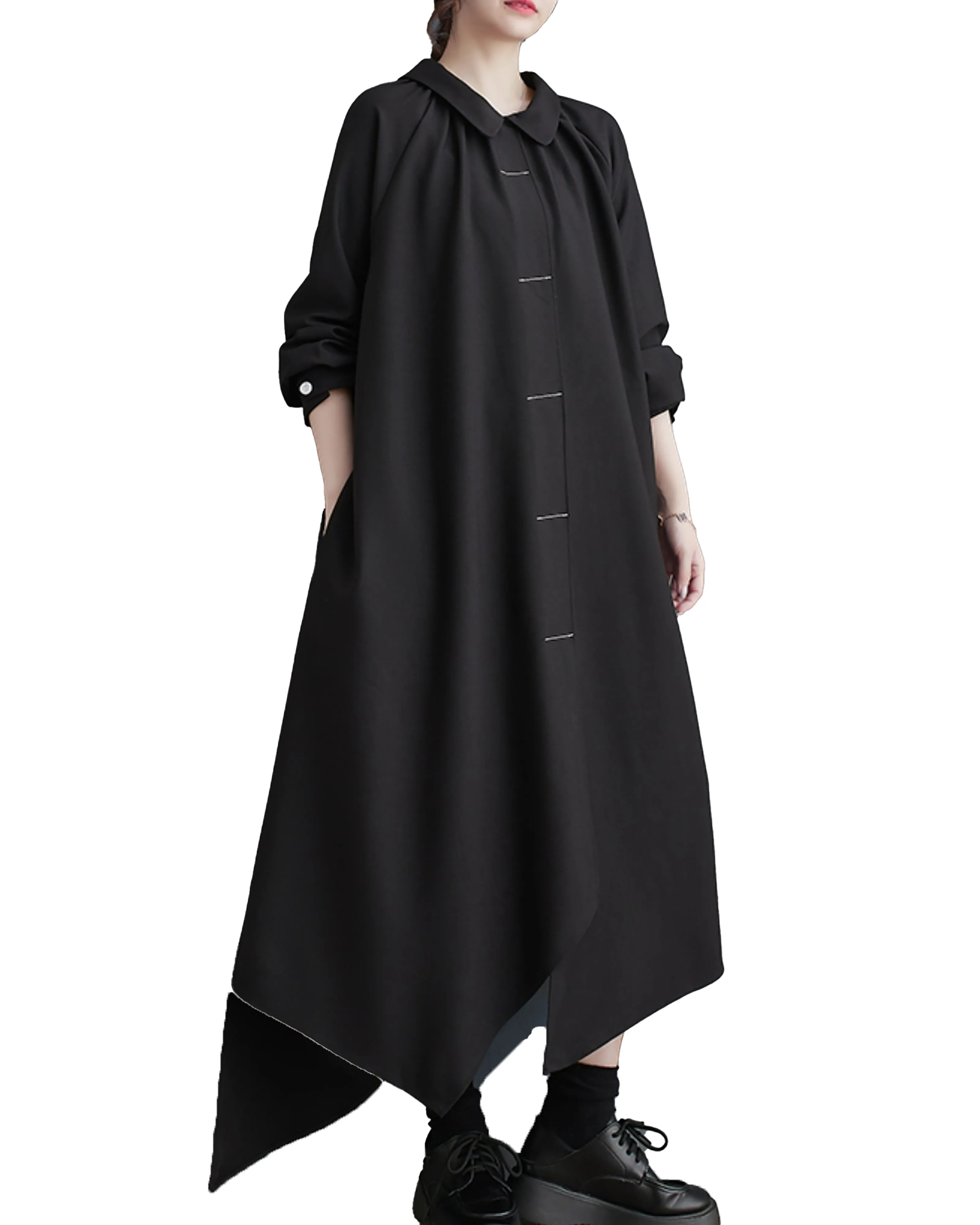 ellazhu Women's Oversized Solid Color Long Sleeve Button Down Flowy Irregular Hem Dress GZ149
