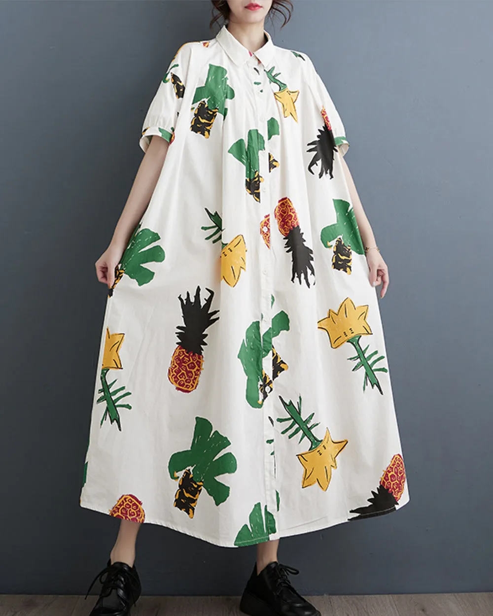 ellazhu Women's Short Sleeves Button Down Pattern Print Shirt Dress GZ161