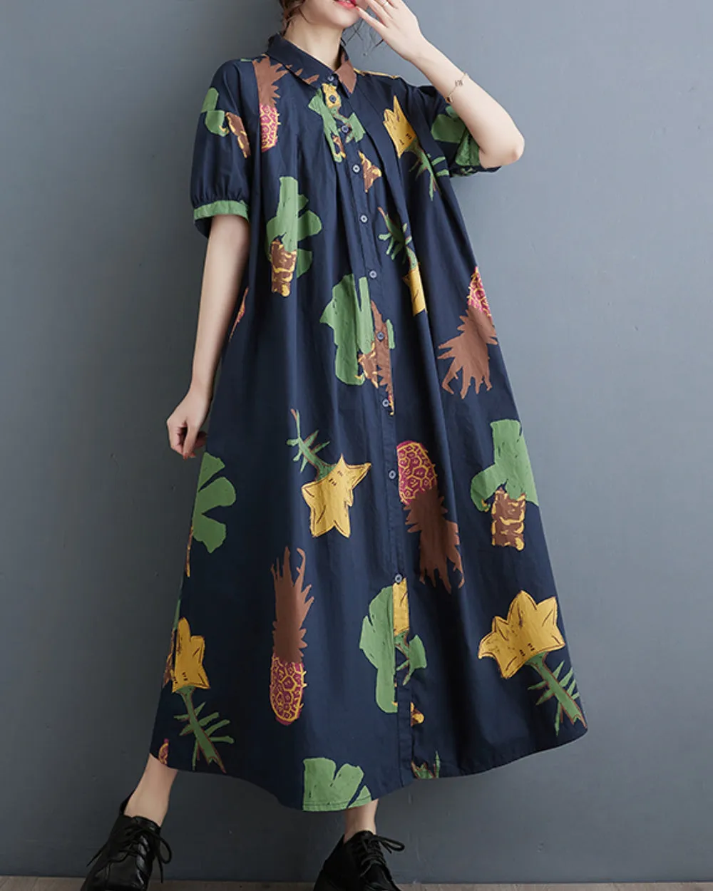 ellazhu Women's Short Sleeves Button Down Pattern Print Shirt Dress GZ161
