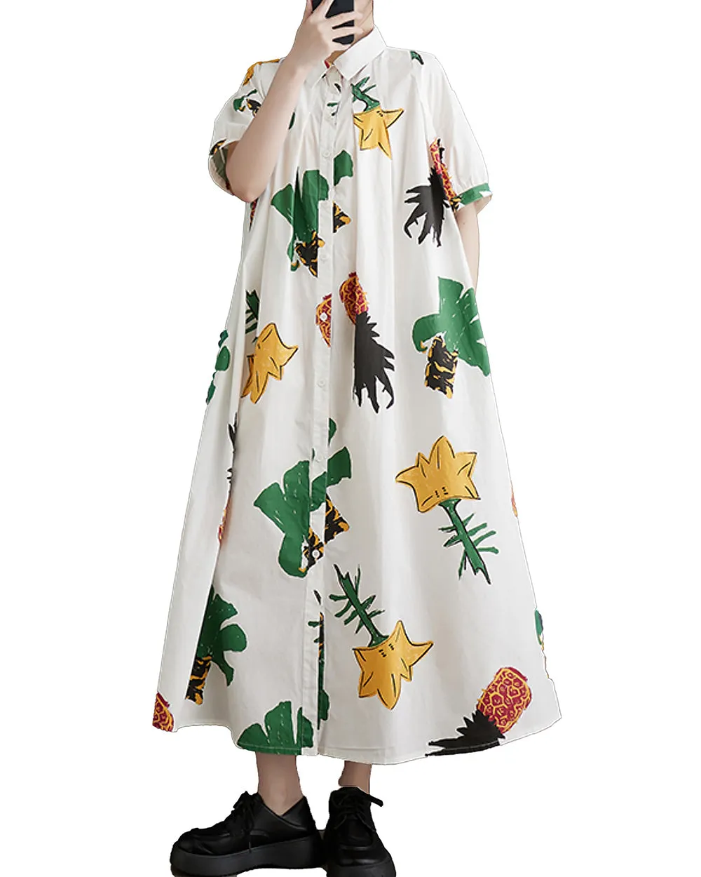 ellazhu Women's Short Sleeves Button Down Pattern Print Shirt Dress GZ161