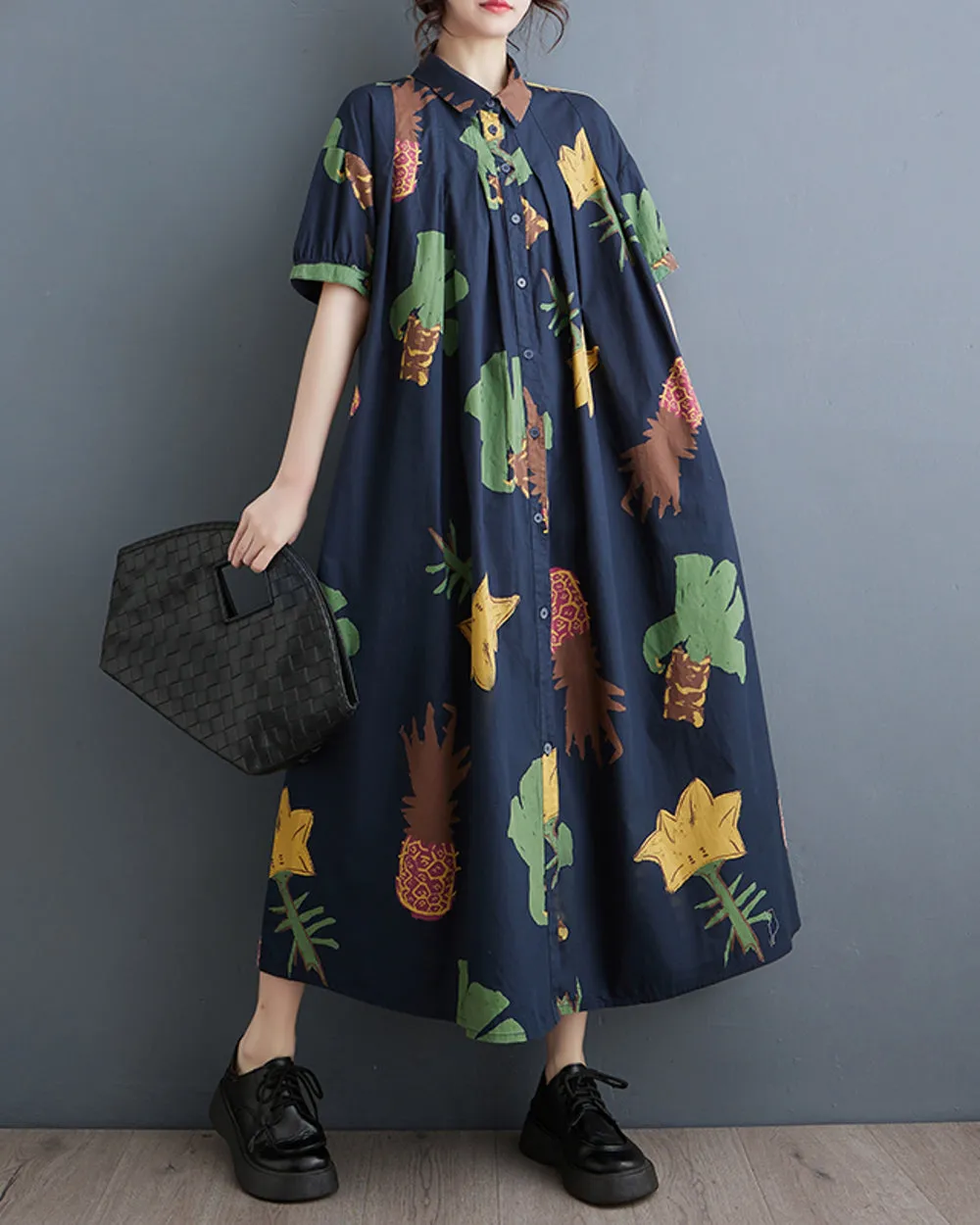 ellazhu Women's Short Sleeves Button Down Pattern Print Shirt Dress GZ161