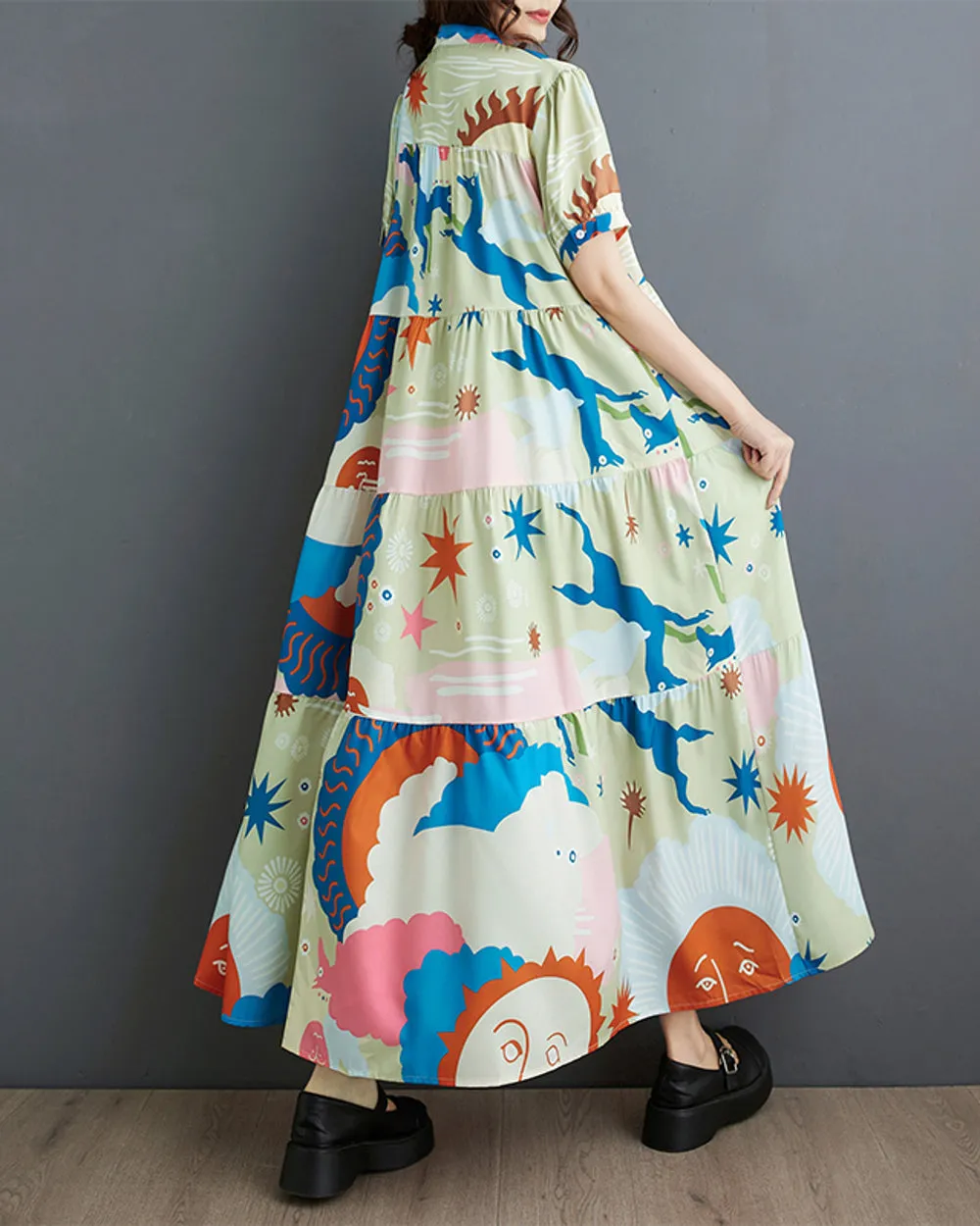 ellazhu Women's Short Sleeves Maxi Length Pattern Print Casual Shirt Dress GZ171
