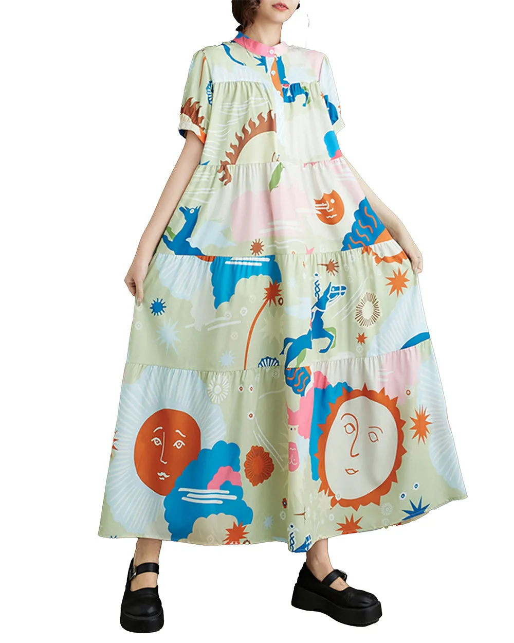 ellazhu Women's Short Sleeves Maxi Length Pattern Print Casual Shirt Dress GZ171