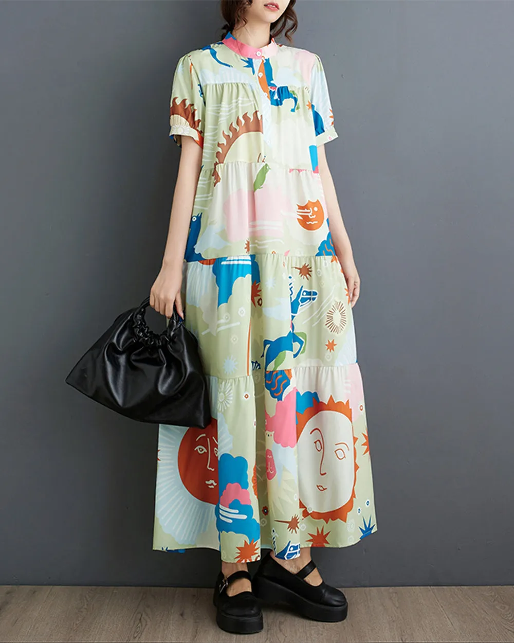 ellazhu Women's Short Sleeves Maxi Length Pattern Print Casual Shirt Dress GZ171
