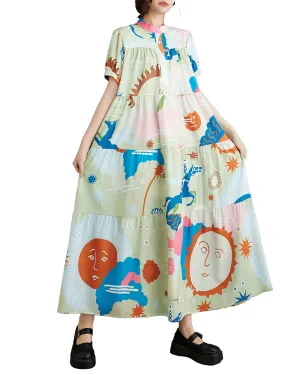ellazhu Women's Short Sleeves Maxi Length Pattern Print Casual Shirt Dress GZ171
