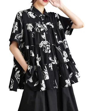 ellazhu Women's Short Sleeves Polka Dot Floral Print Casual Button Down T-Shirt GZ167