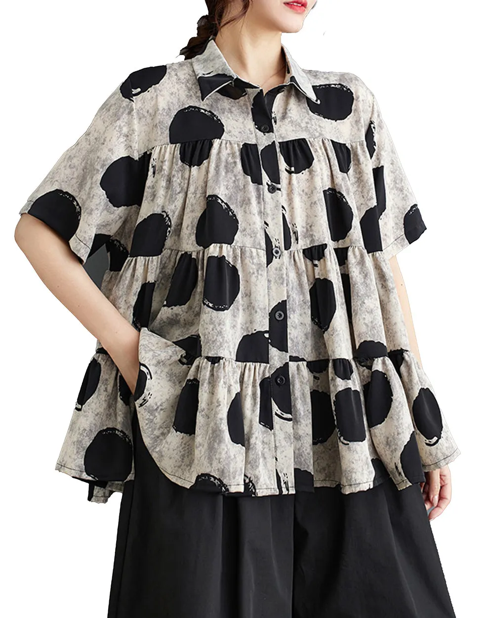ellazhu Women's Short Sleeves Polka Dot Floral Print Casual Button Down T-Shirt GZ167