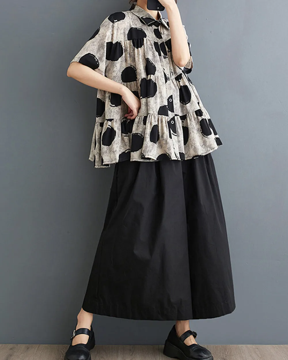ellazhu Women's Short Sleeves Polka Dot Floral Print Casual Button Down T-Shirt GZ167