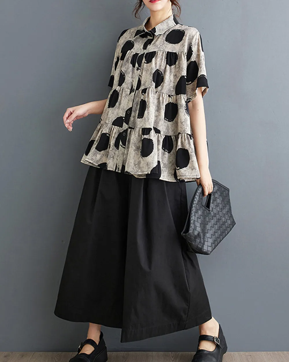 ellazhu Women's Short Sleeves Polka Dot Floral Print Casual Button Down T-Shirt GZ167