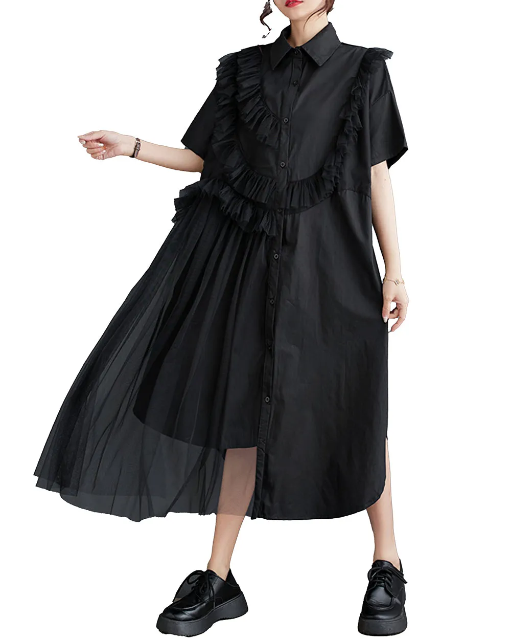 ellazhu Women's Short Sleeves Solid Color Tulle Dress Button Down Shirt Dress GZ181