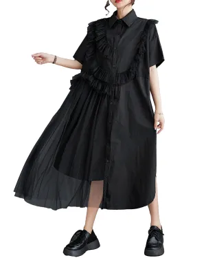 ellazhu Women's Short Sleeves Solid Color Tulle Dress Button Down Shirt Dress GZ181