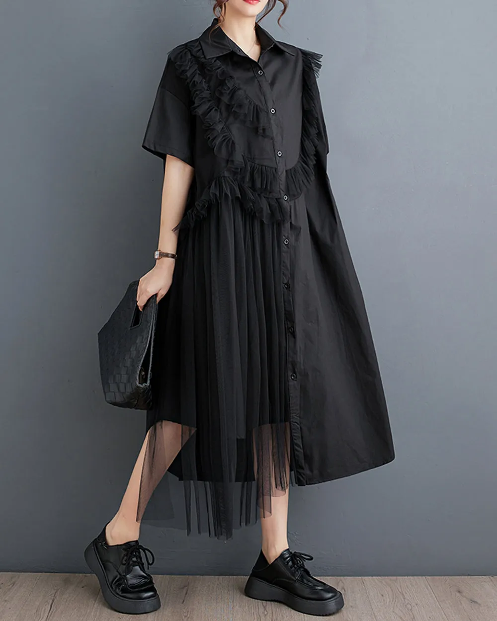ellazhu Women's Short Sleeves Solid Color Tulle Dress Button Down Shirt Dress GZ181