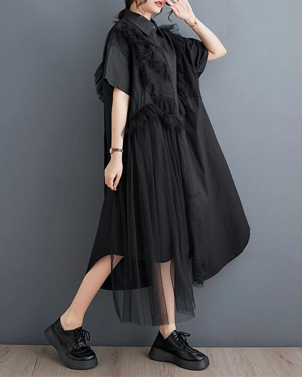 ellazhu Women's Short Sleeves Solid Color Tulle Dress Button Down Shirt Dress GZ181