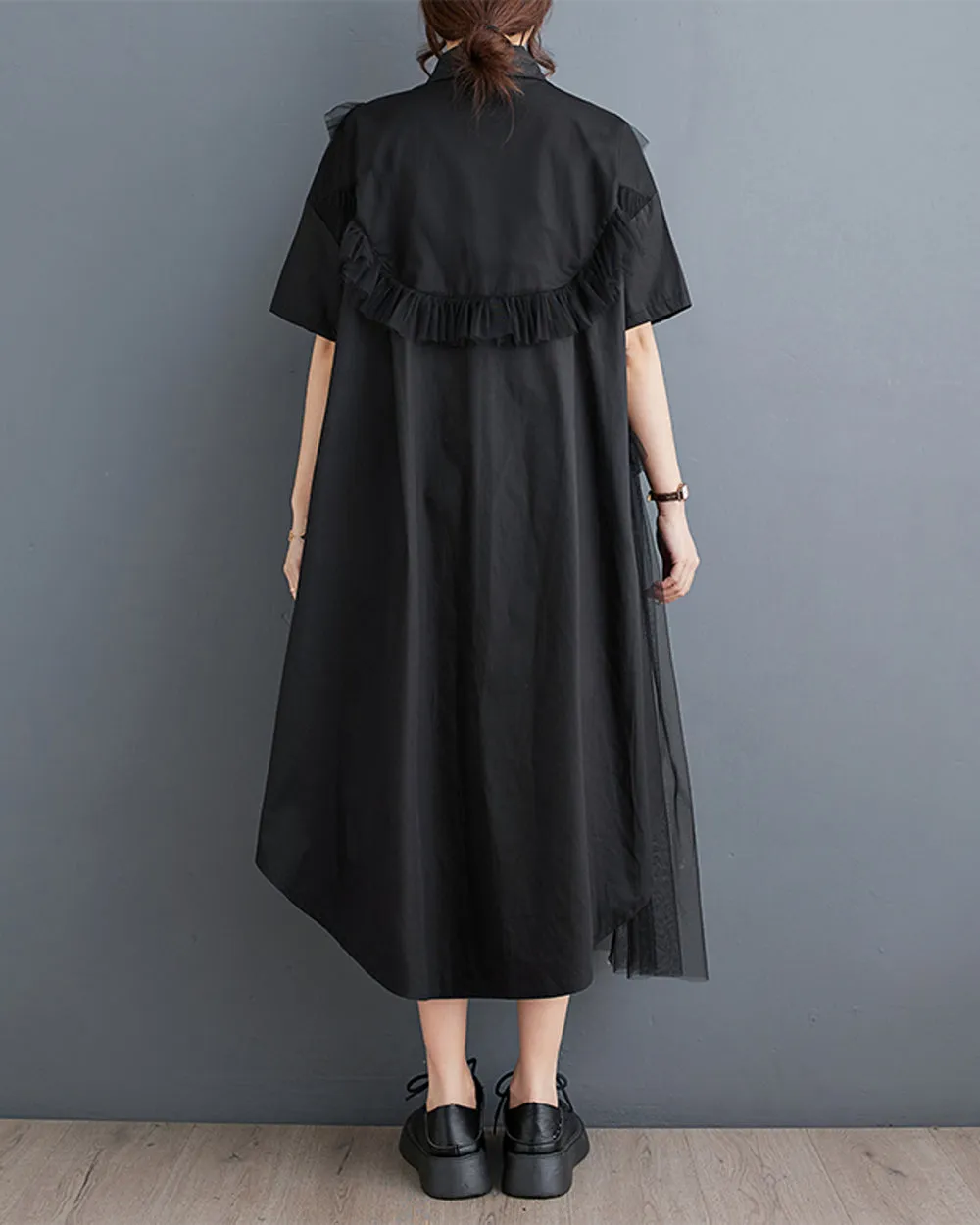 ellazhu Women's Short Sleeves Solid Color Tulle Dress Button Down Shirt Dress GZ181