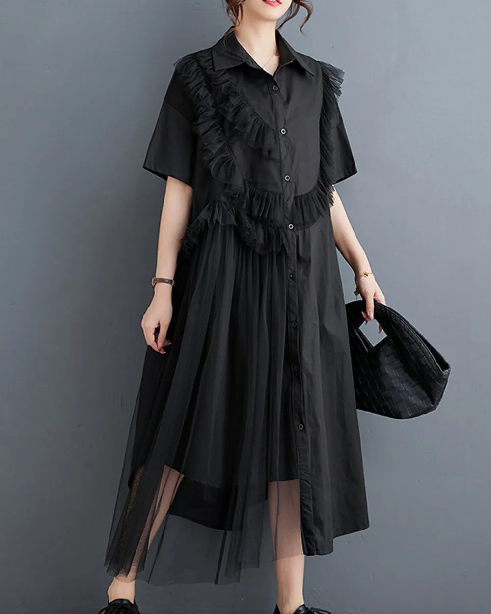 ellazhu Women's Short Sleeves Solid Color Tulle Dress Button Down Shirt Dress GZ181