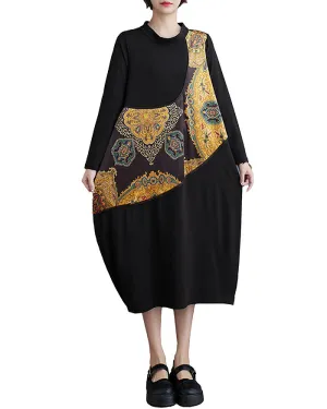 ellazhu Women's Solid Color Floral Print Long Sleeve Shirt Dress GZ144