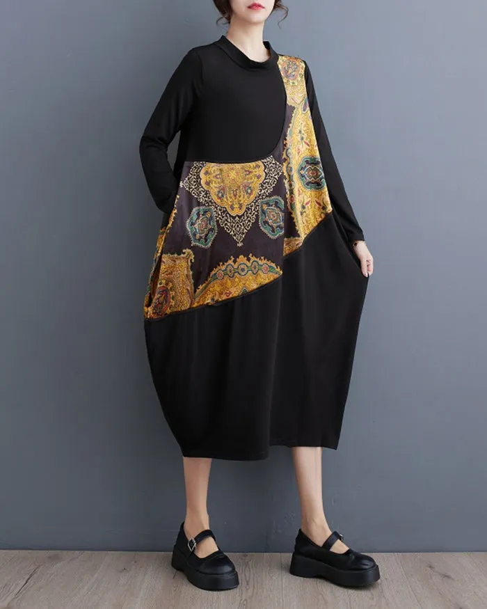 ellazhu Women's Solid Color Floral Print Long Sleeve Shirt Dress GZ144